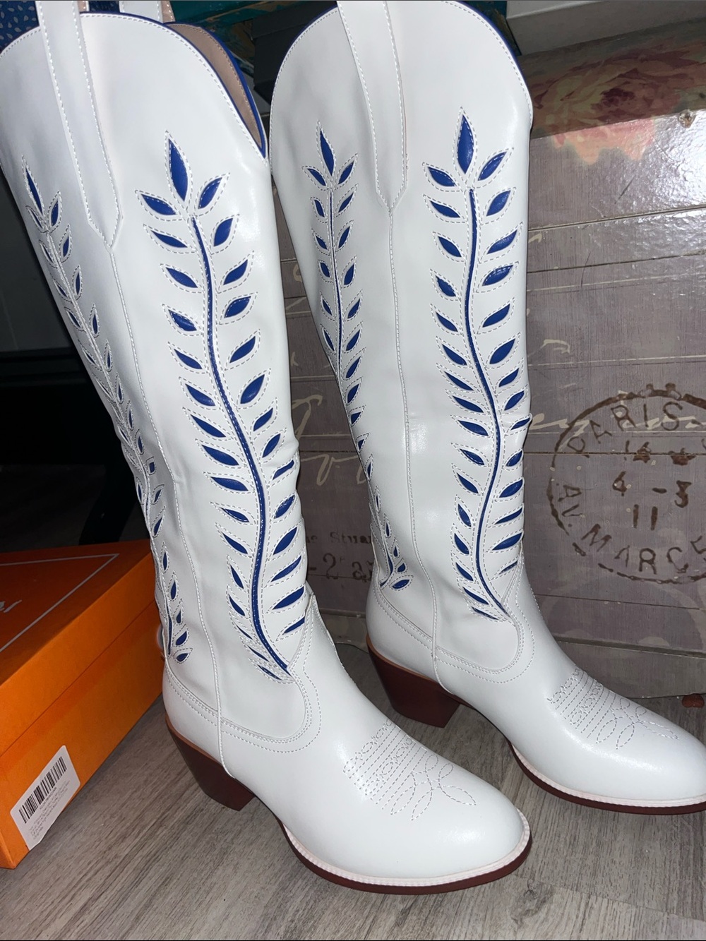 Women’s White Over-the-Knee Western Boots with Blue Cutout Detail